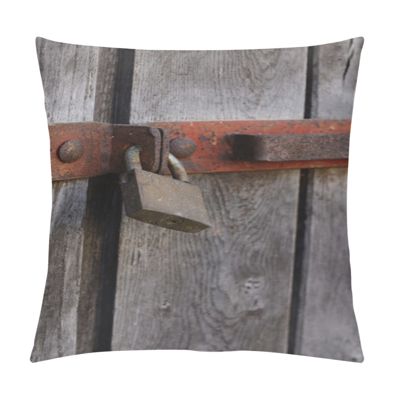 Personality  Old Bar Lock Hanging On Wooden Doors Pillow Covers