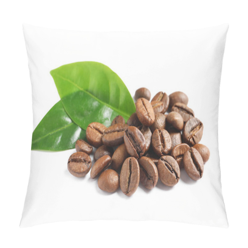 Personality  Roasted Coffee Beans And Fresh Green Leaves On White Background Pillow Covers