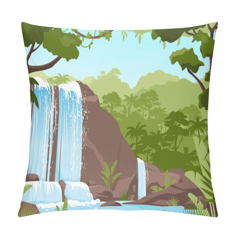 Personality  Waterfall Jungle Landscape With Rock Cascade, River Streams Pillow Covers