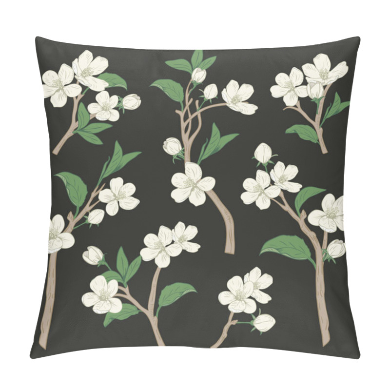 Personality  Blooming Tree. Set Collection. Hand Drawn Botanical White Blossom Branches On Black Background. Vector Illustration Pillow Covers