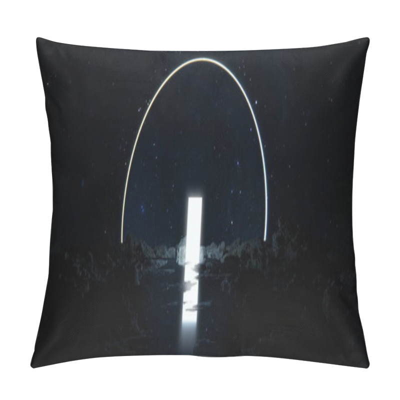 Personality  Glowing Space Portal Is Reflected In Water. Door To Other Worlds And Galaxies Among Stones. Journey Into Future To The Stars And Nebulae. 3d Render Pillow Covers