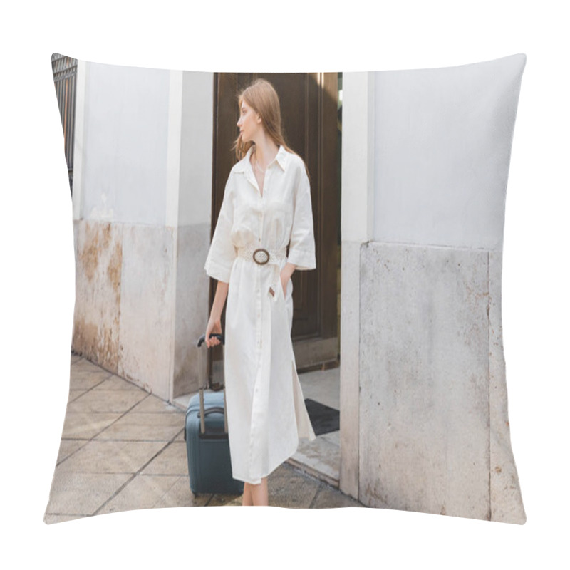 Personality  Young Redhead Woman In White Dress Walking With Hand In Pocket On Street In Valencia Pillow Covers