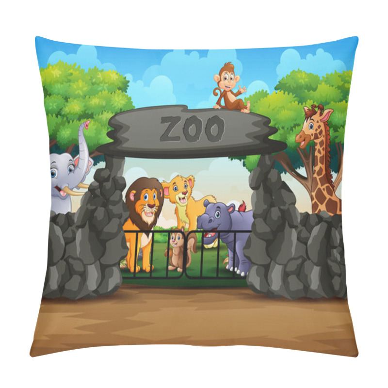 Personality  Zoo Entrance Outdoor View With Different Cartoon Animals Pillow Covers