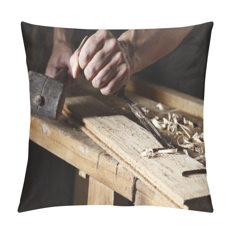 Personality  Carpenter Hands Working With A Chisel And Hammer Pillow Covers