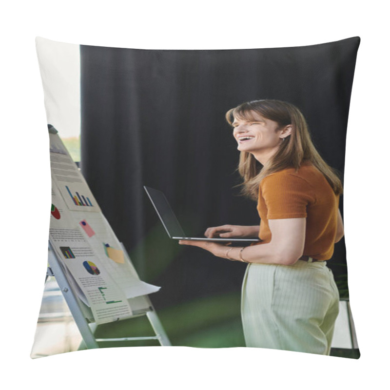 Personality  A Young Non Binary Person Engages With A Laptop While Presenting Colorful Charts And Data. Pillow Covers