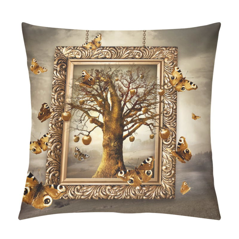 Personality  Magic Tree With Golden Apples And Butterflies In Frame. Concept Pillow Covers