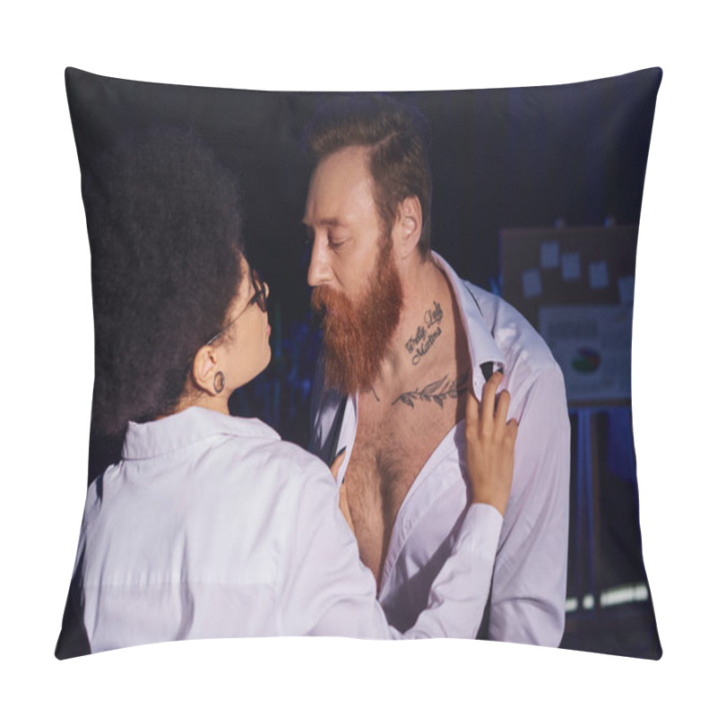 Personality  Hot African American Woman Undressing Bearded Tattooed Colleague In Darkness, Seduction In Office Pillow Covers