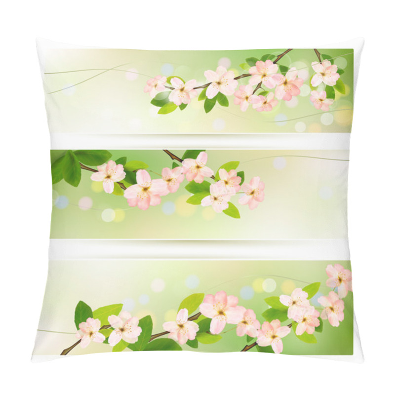 Personality  Three Nature Banners With Blossoming Tree Brunch With Spring Flo Pillow Covers