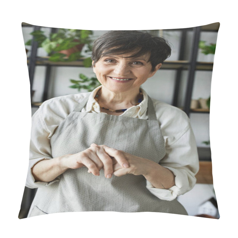 Personality  A Gardener Joyfully Tending To Her Beloved Plants In A Bright Studio. Pillow Covers