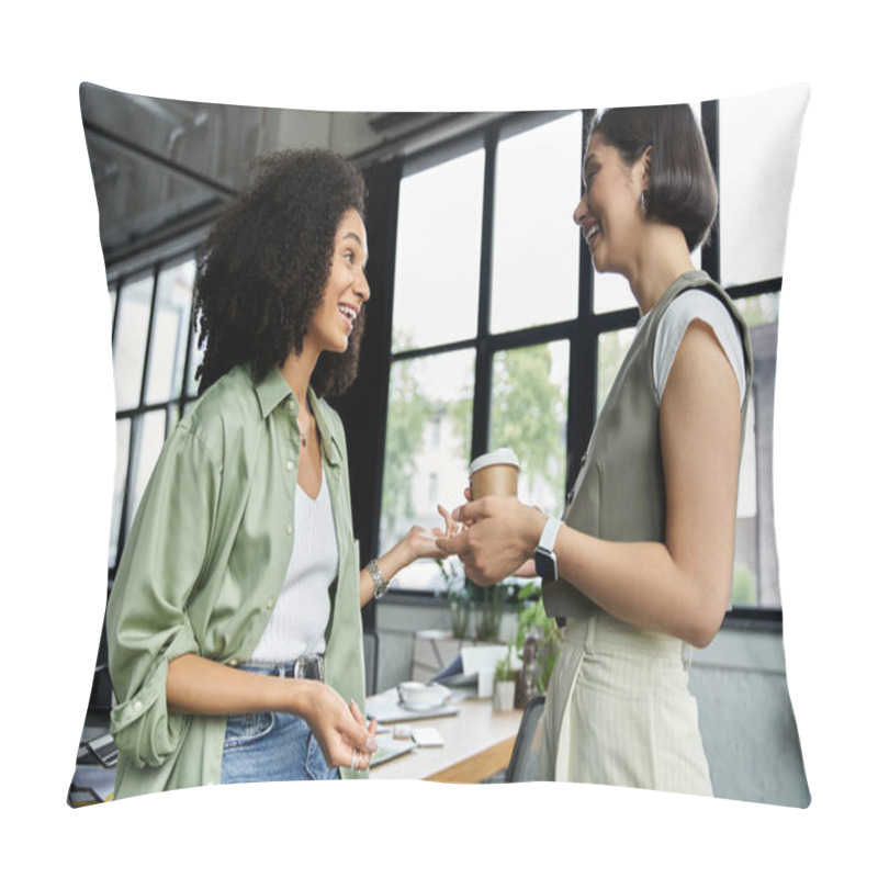 Personality  Two Women Enjoy A Coffee Break Together At The Office. Pillow Covers