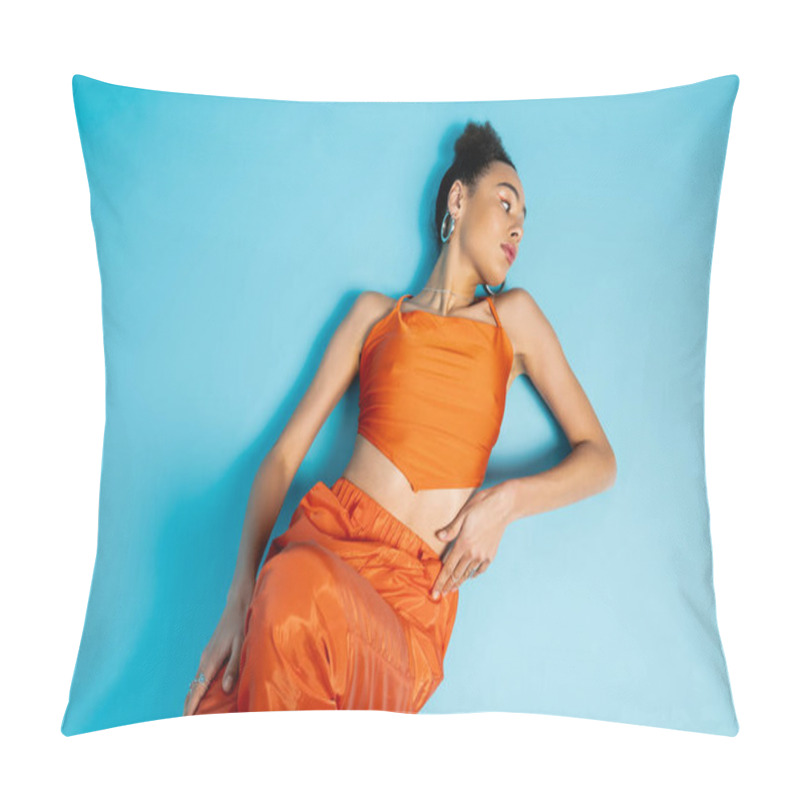 Personality  Stylish Attractive Woman Posing On Floor Wearing Catchy Bright Attire And Hoop Earrings Looking Away Pillow Covers