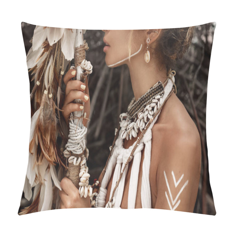 Personality  Attractive Wild Boho Woman In Native American Style And White Clothes Posing At Beach Pillow Covers