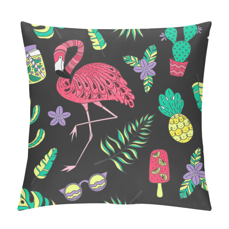 Personality  Seamless Pattern With Flamingo, Exotic Leaves. Set Of Hand Drawn Vector Tropical Elements Pillow Covers