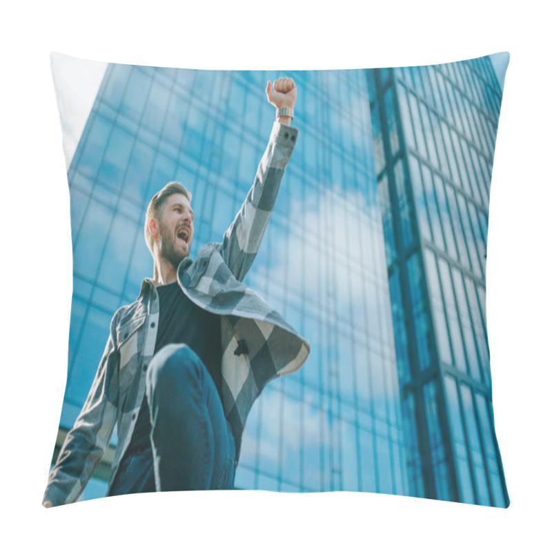 Personality  This Portrait Captures The Authentic Celebration Of A Hispanic Mans Success In The City. His Joy And Satisfaction Are Evident Against The Backdrop Of Urban Buildings. Pillow Covers