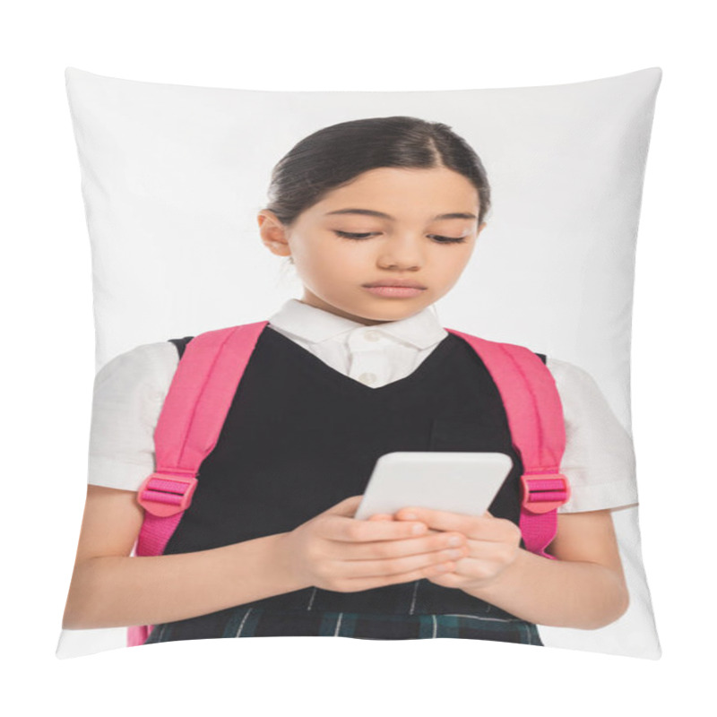 Personality  Digital Age, Schoolgirl With Backpack Using Smartphone Isolated On White, Student In Uniform Pillow Covers