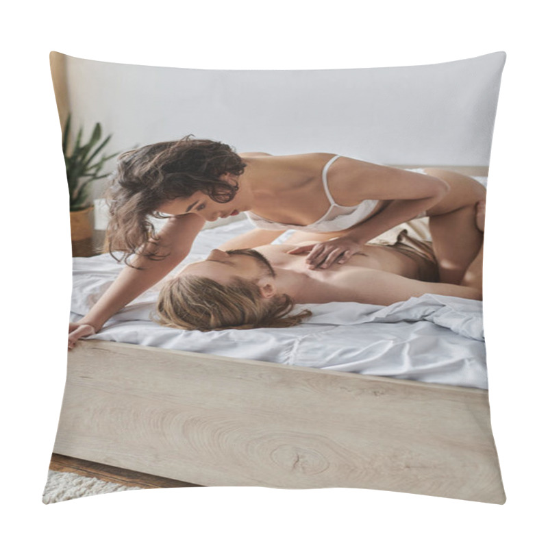 Personality  A Woman And A Man Are Cuddling Peacefully On A Bed At Home. Pillow Covers