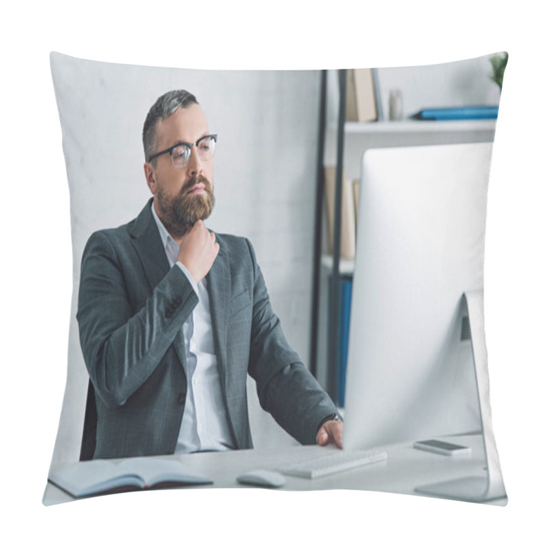 Personality  Handsome Businessman In Formal Wear And Glasses Looking At Computer  Pillow Covers