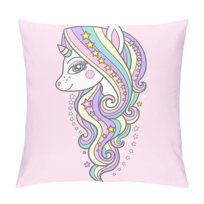 Personality  Cute Unicorn With A Long Mane And Stars On A Pink Background. Vector Pillow Covers