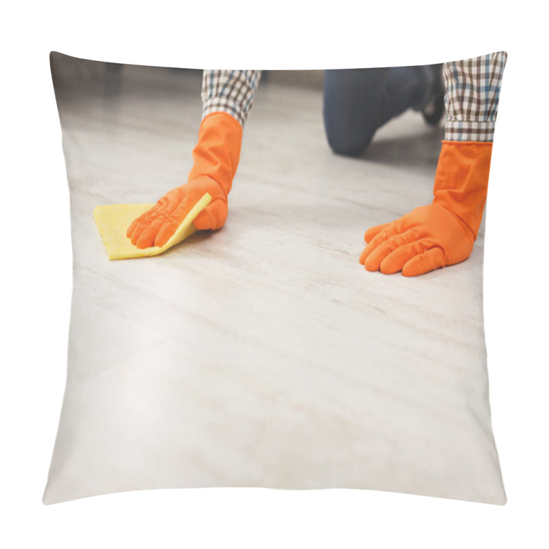 Personality  Unrecognizable Man Cleaning Floor With Rag Pillow Covers