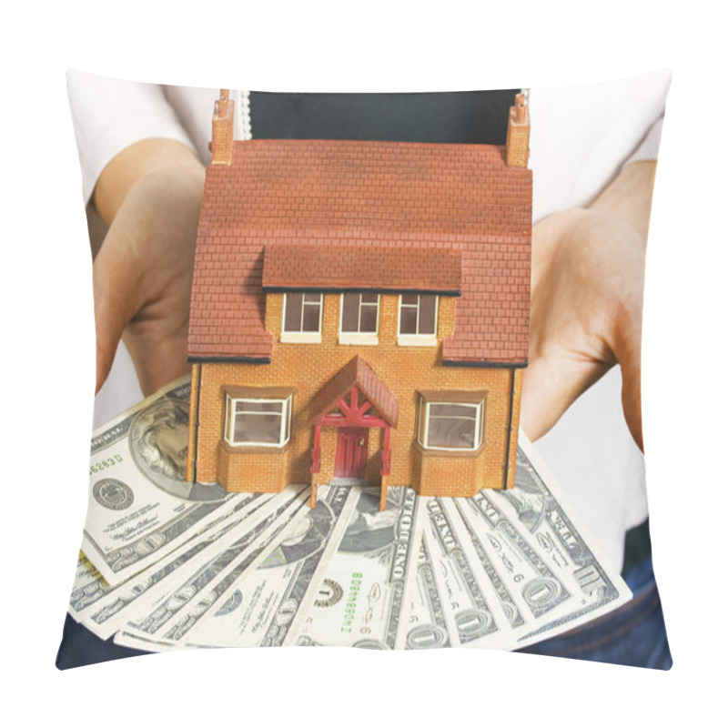 Personality  A Person Holding A Miniature House And Some Dollar Bills Pillow Covers