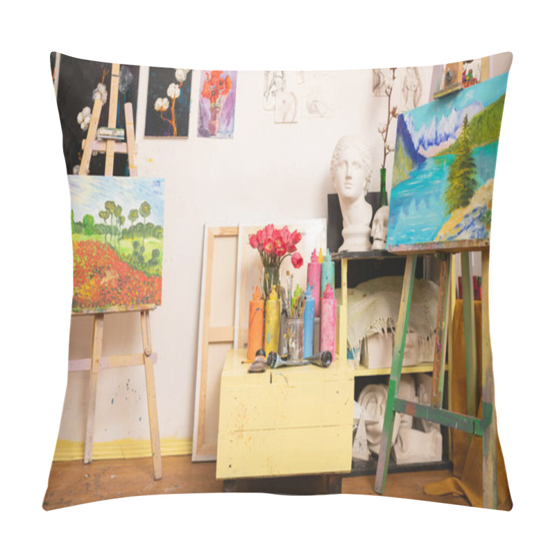 Personality  Two Amazing Landscapes Standing On Drawing Easel In Workshop Pillow Covers