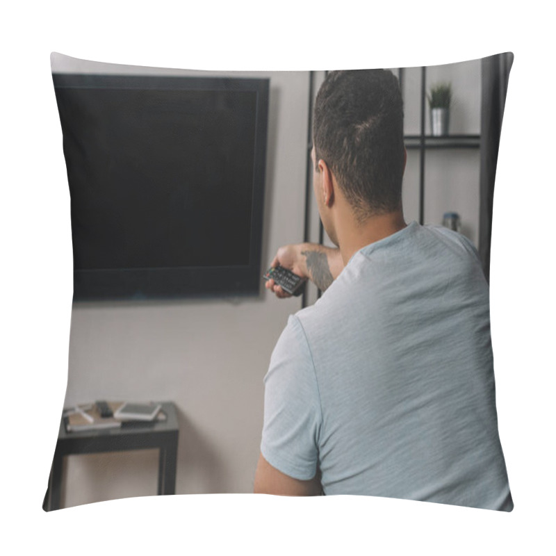 Personality  Back View Of Mixed Race Man Holding Remote Controller Near Flat Panel Tv With Blank Screen Pillow Covers