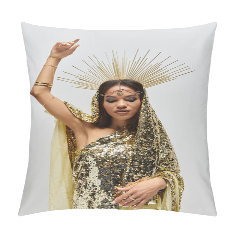 Personality  A Stunning African American Goddess In A Golden Gown Embodies Elegance And Grace, Radiating Beauty In A Studio. Pillow Covers