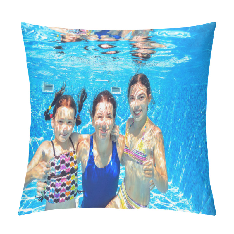 Personality  Family Swim In Pool Underwater, Happy Active Mother And Children Have Fun Under Water, Kids Sport On Family Vacation Pillow Covers