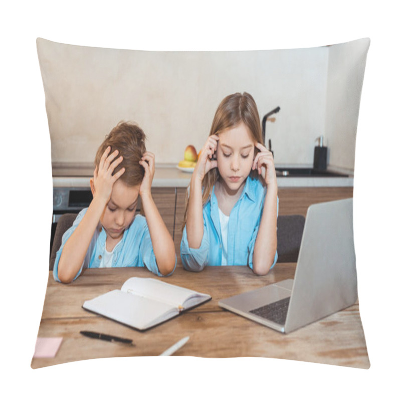 Personality  Tired Siblings E-learning Near Notebook And Laptop At Home Pillow Covers