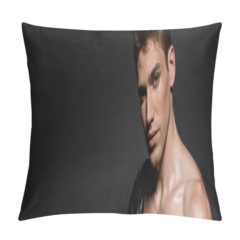 Personality  Sexy Young Man With Muscular Torso And Biker Jacket On Shoulder On Black Background, Panoramic Shot Pillow Covers