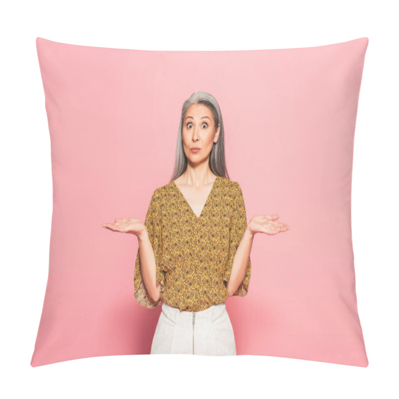 Personality  Discouraged Asian Woman Pointing With Hands While Looking At Camera On Pink  Pillow Covers