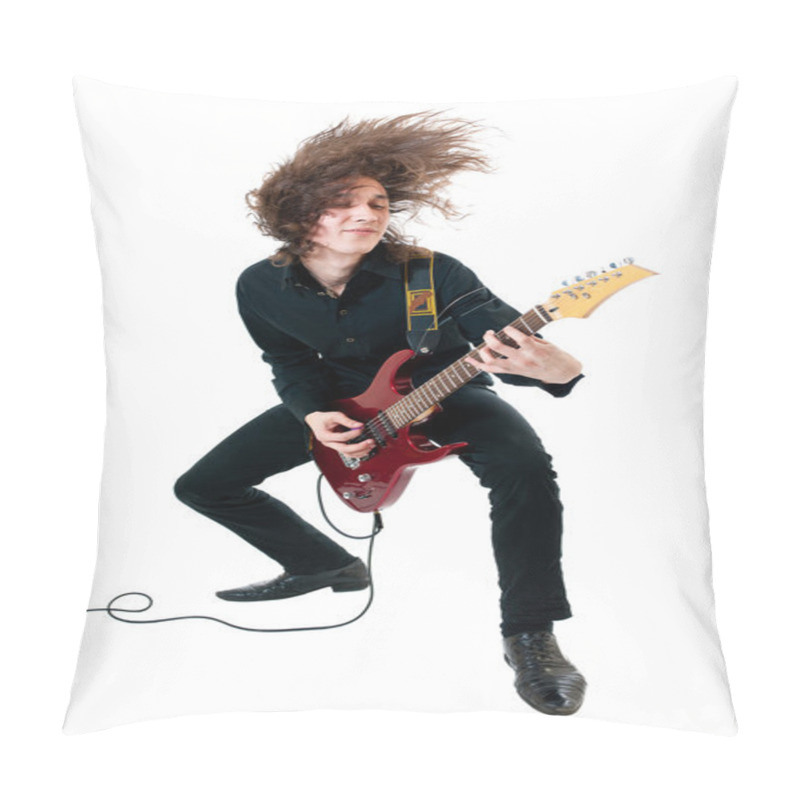 Personality  Young Guitarist With Red Guitar On White Background Pillow Covers