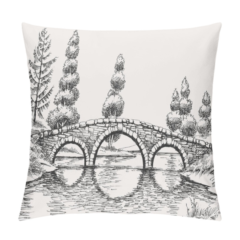 Personality  Stone Bridge Over River Hand Drawn Landscape Pillow Covers