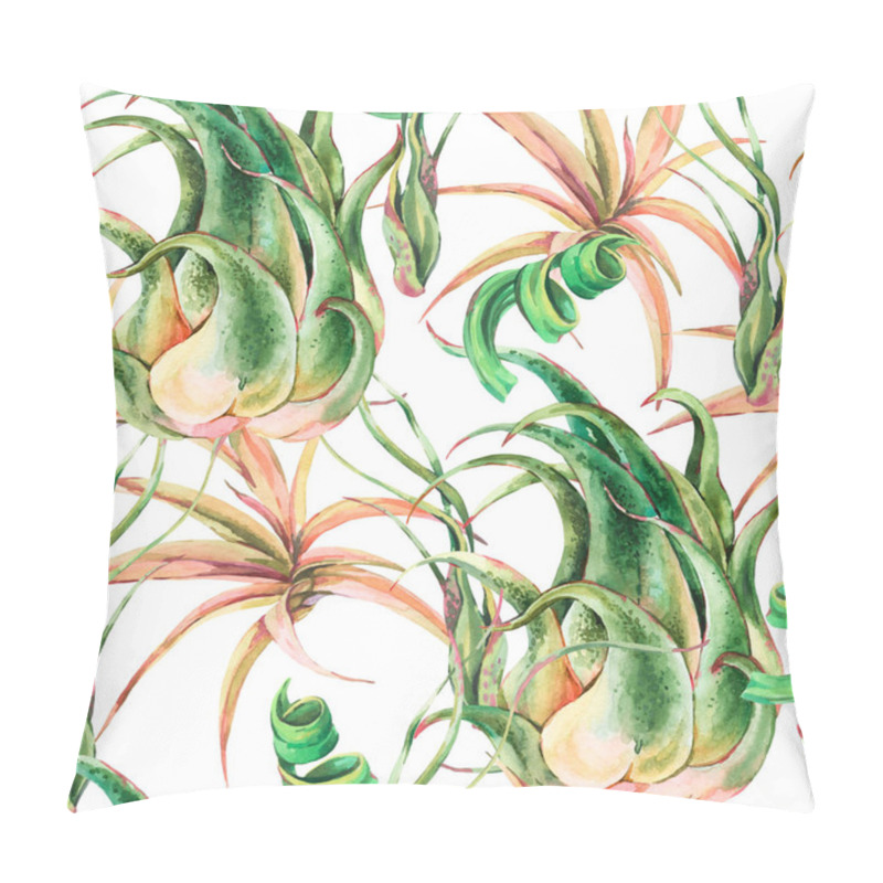 Personality  Watercolor Tropical Leaves Seamless Pattern. Air Plant Tillandsia Botanical Texture. Succulent Terrarium Plants. Natural Floral Exotic Flowers On White Background. Pillow Covers