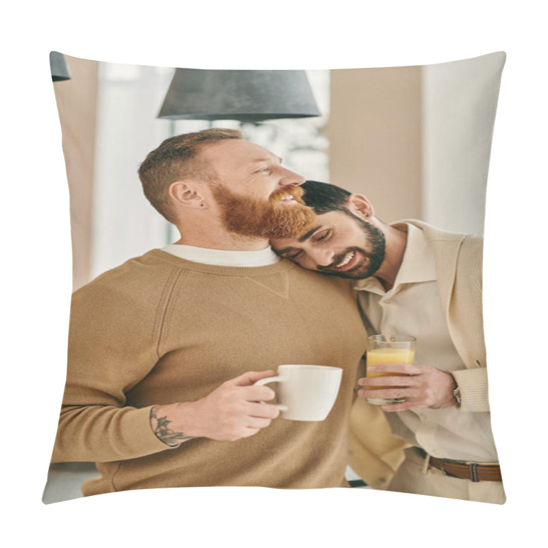 Personality  A Happy Gay Couple Embraces While Enjoying A Cup Of Coffee In Their Modern Kitchen. Pillow Covers