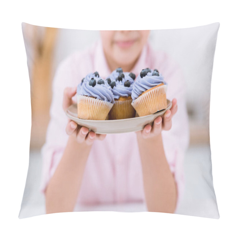 Personality  Cropped Shot Of Little Child Holding Plate With Blueberry Cupcakes Pillow Covers