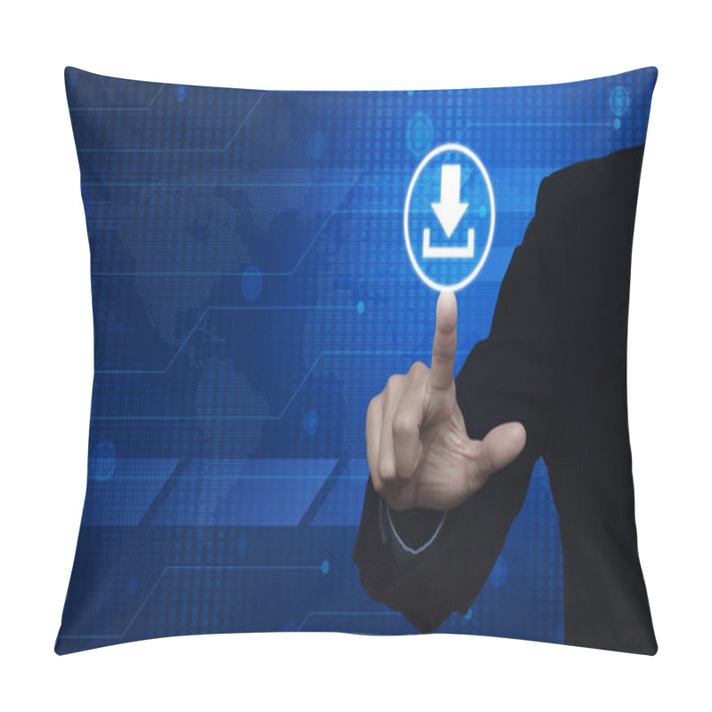 Personality  Businessman Pressing Button Web Download Icon Over Digital World Pillow Covers