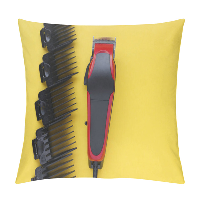 Personality  Hairdressers Tool. Hair Clipper Close-up On A Yellow Background With Nozzles Of Different Sizes. Pillow Covers