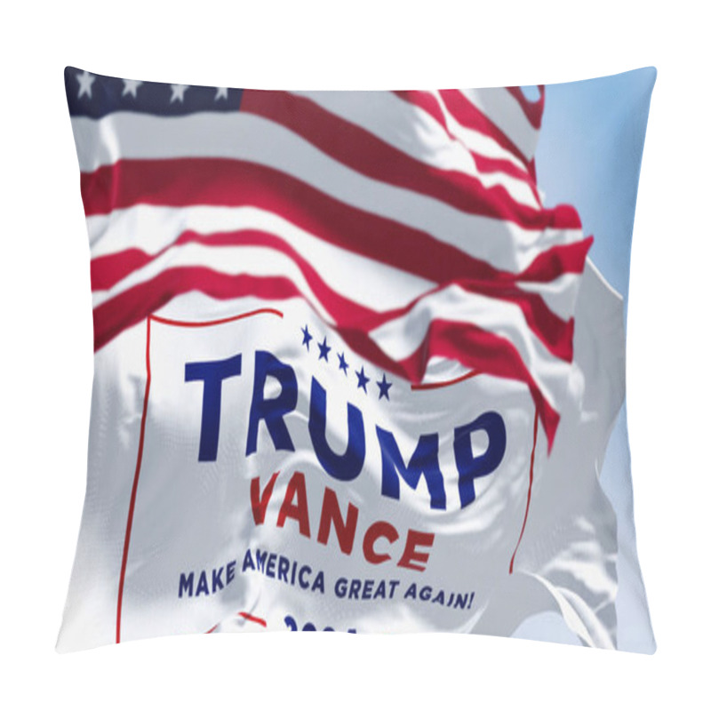 Personality  Arlington, US, Aug. 22 2024: Donald Trump And JD Vance 2024 Presidential Campaign Flag Waving With American Flag Waving Together. 2024 US Presidential Election. 3d Illustration Render Pillow Covers