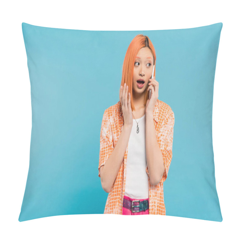 Personality  Surprised Asian Woman During Phone Call, Young Model With Dyed Hair Standing With Opened Mouth And Talking On Smartphone On Blue Background, Looking Away, Emotional, Shocked Face  Pillow Covers