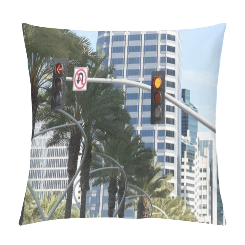 Personality  Traffic Light And Caution Sign, Road Intersection In USA. Transportation Safety, Rules And Regulations Symbol. Driveway Crossing Attenion Signal Against Modern Urban Cityscape, San Diego, California. Pillow Covers