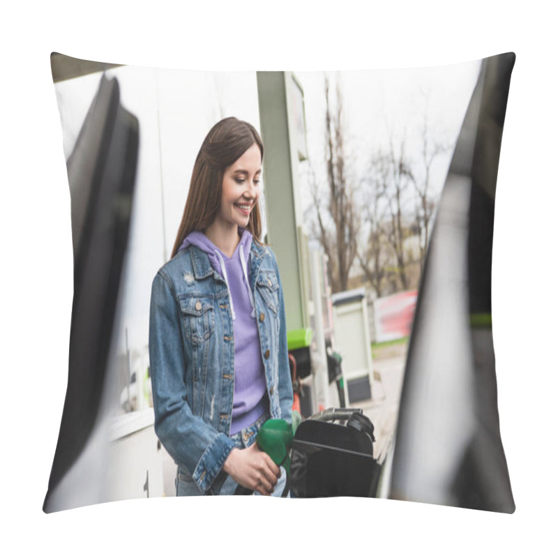 Personality  Happy Woman In Denim Jacket Refueling Blurred Car On Gas Station Pillow Covers