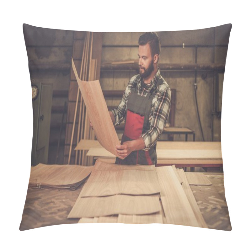 Personality  Carpenter In Carpentry Workshop. Pillow Covers