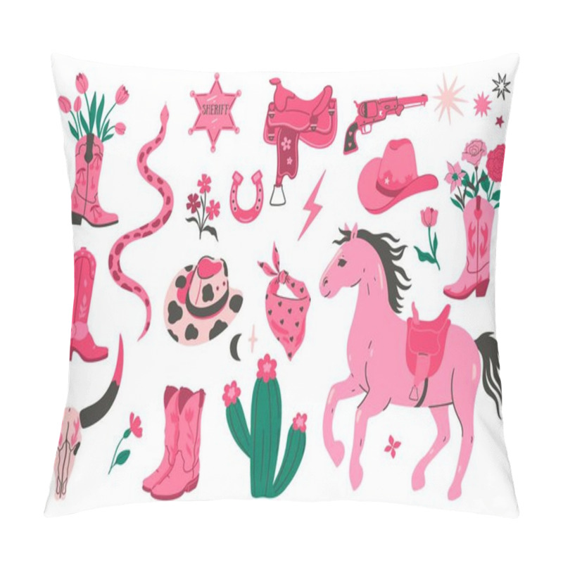 Personality  Trendy Pink Set Of Items In Cowgirl Style. Vector Image. Pillow Covers