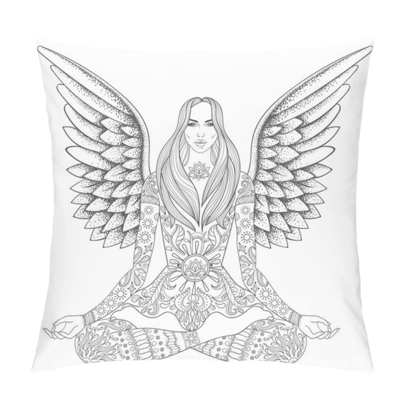 Personality  Meditation Girl With Wings Sitting In Lotus Pose.  Vector Ornate Pillow Covers