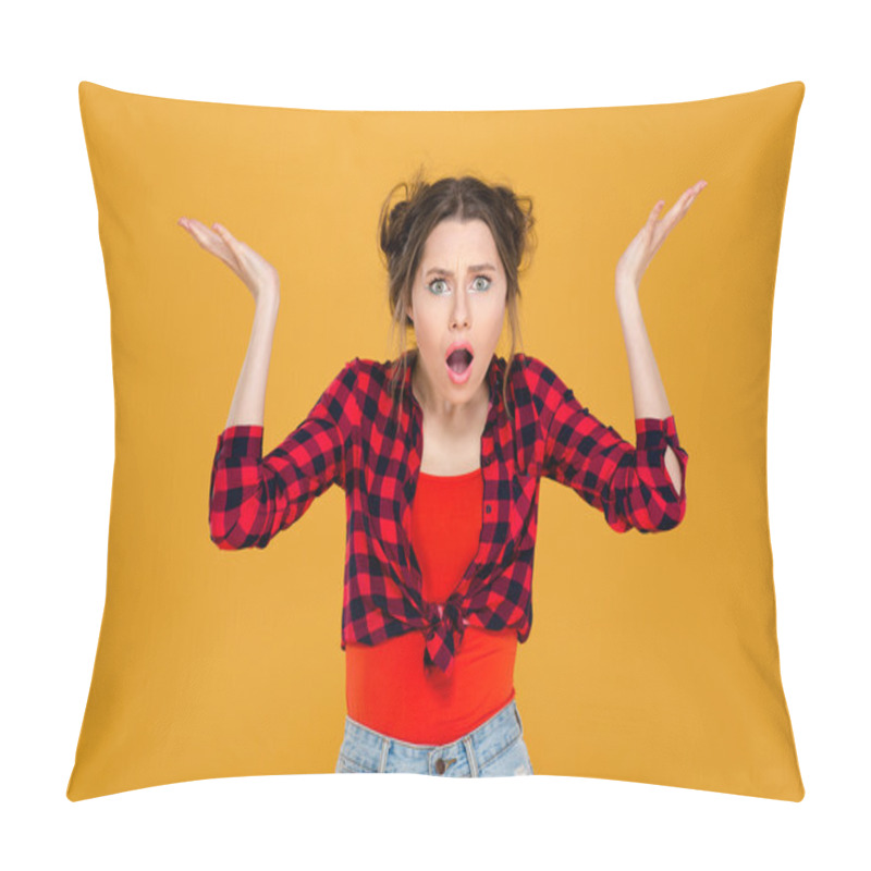 Personality  Shocked Confused Woman With Raised Hands Holding Copyspace On Palms  Pillow Covers