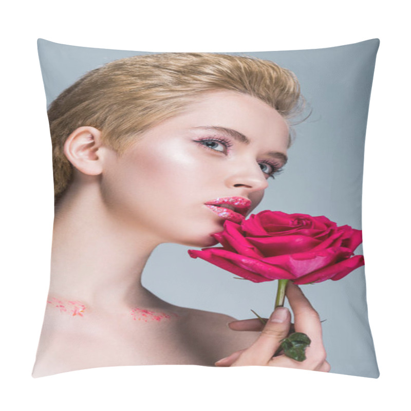 Personality  Low Angle View Of Attractive Woman With Glitter On Lips Holding Red Rose Isolated On Grey Pillow Covers