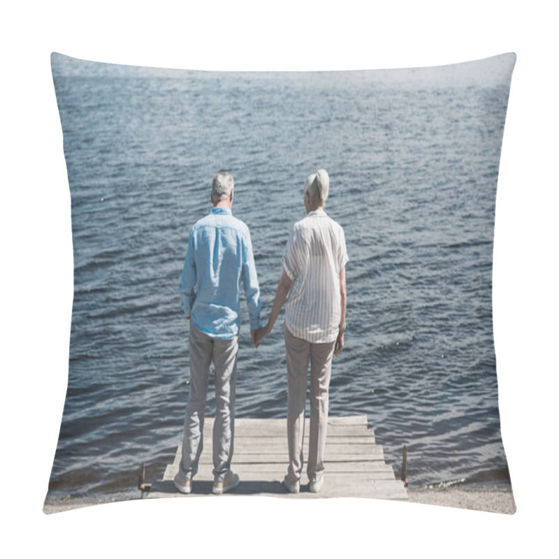 Personality  Senior Couple Standing On Riverside At Daytime Pillow Covers