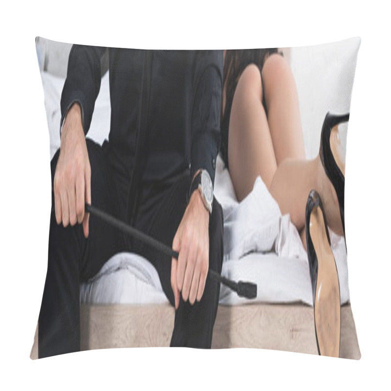 Personality  Cropped View Of Man With Flogging Whip And Sexy Woman Lying On Bed, Panoramic Shot Pillow Covers