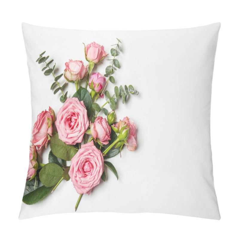 Personality  Beautiful Pink Roses With Eucalyptus Branches On White Background Pillow Covers